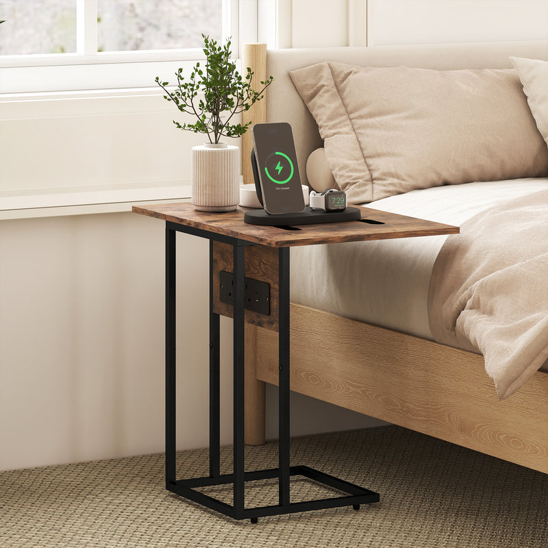 C Shaped Side Table with Foldable Top and USB Charging Station Ideal for Small Spaces Rustic Brown