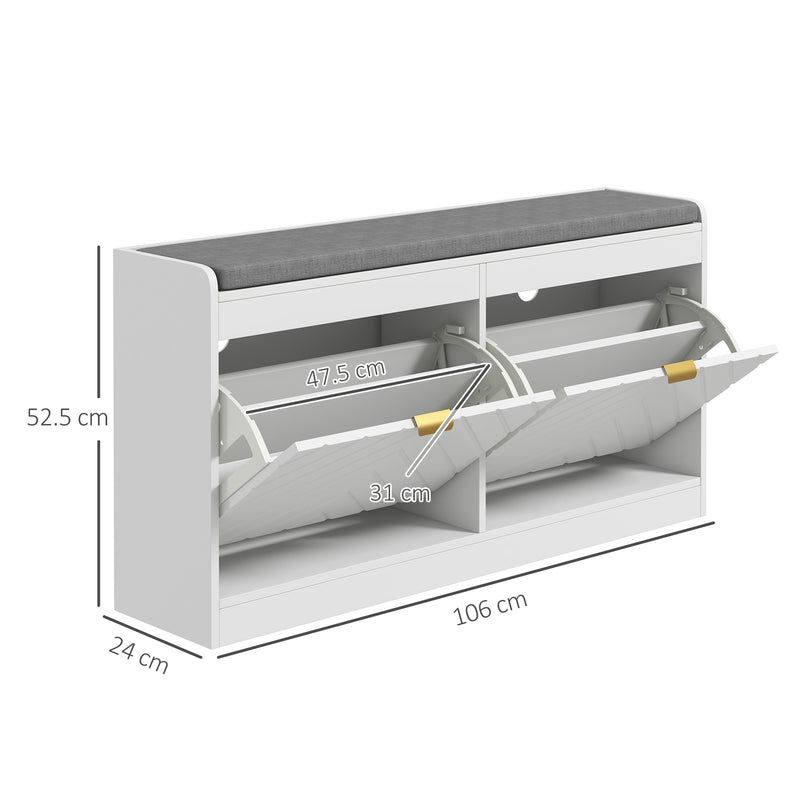 Shoe Storage Bench with Padded Seat and Flip Drawers for Hallway Organising White