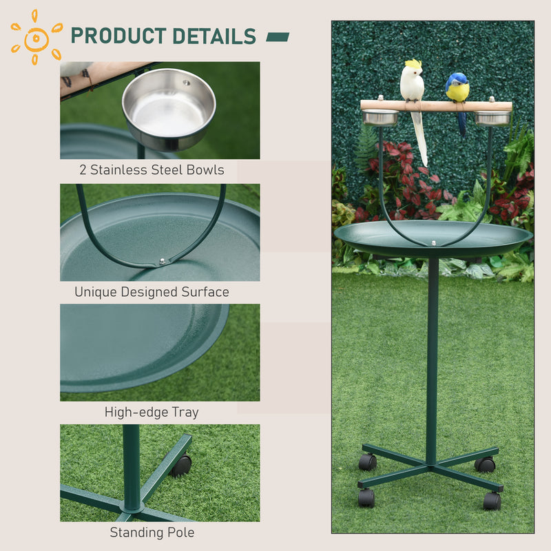 Green Bird Perch Stand with Wheels and Feeding Bowls for Small and Medium Birds by PawHut