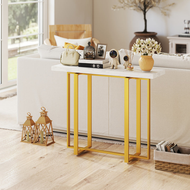 Narrow Console Table with Faux Marble Top and Steel Frame for Hallway Use White AOSOM