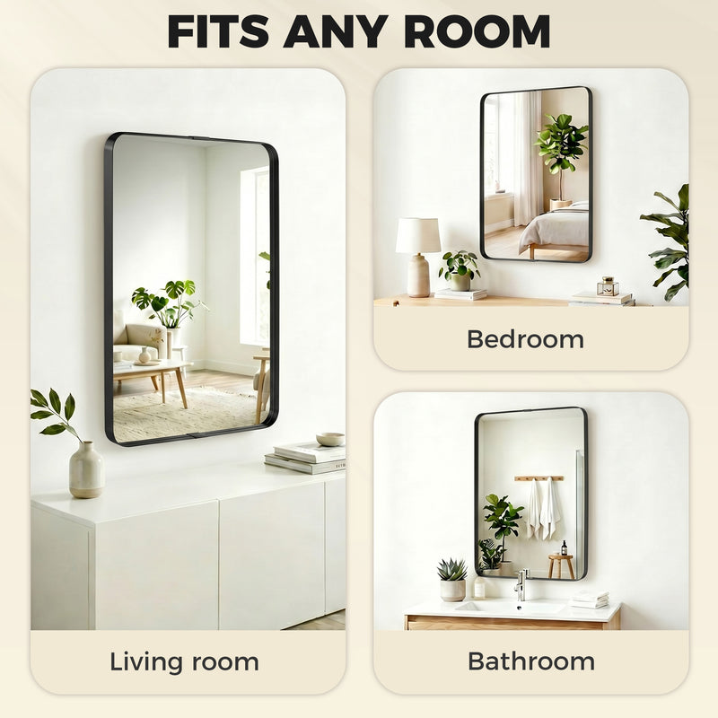 Wall Mirror with Shatter Resistant Tempered Glass and Rounded Corners for Safe Homes Black Homcom