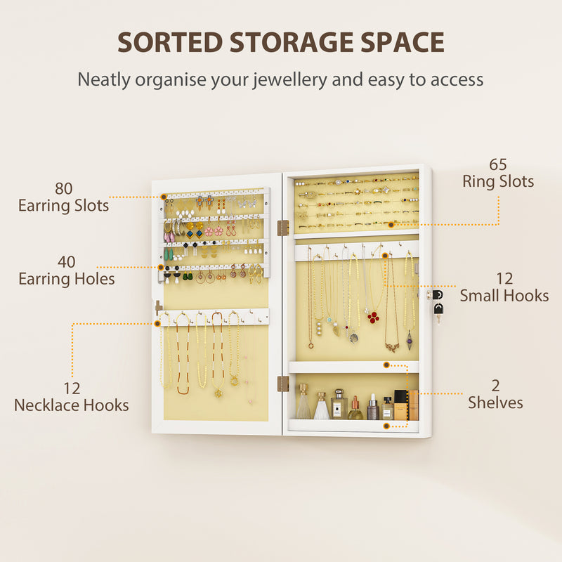 Jewellery Cabinet with Full Length Mirror and Lockable Storage for Wall or Door White