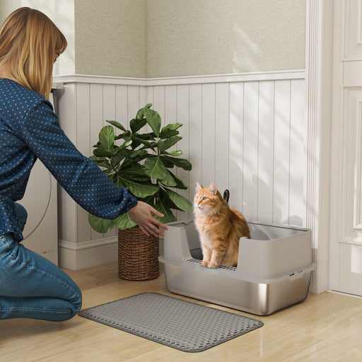 High Sided Stainless Steel Cat Litter Tray With Scoop and Mat Odour Resistant Grey