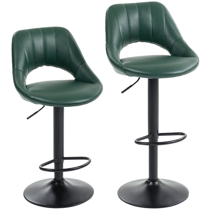 Set of 2 Adjustable Faux Leather Swivel Bar Stools with Footrest for Kitchen Island Dark Green