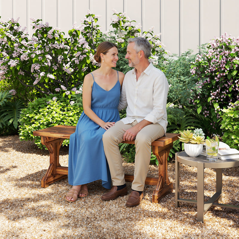 Wood Garden Bench for Two with Backless Design and Weather Resistant Finish Carbonised Outsunny