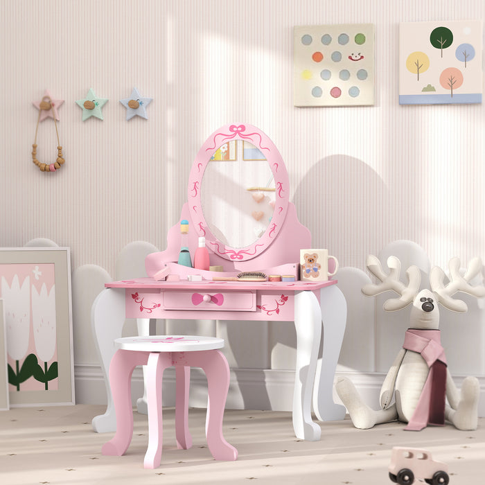 Pink Kids Dressing Table Set with Stool Mirror Drawer and Ballet Theme by AIYAPLAY