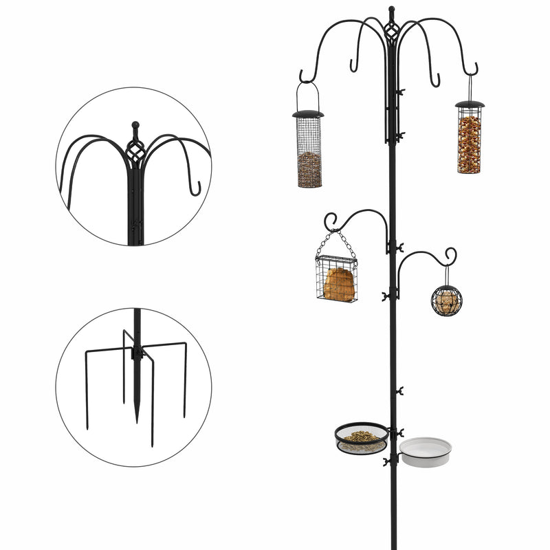 Wild Bird Feeding Station with 6 Hooks and 4 Feeders for Garden Outdoor Use, Black