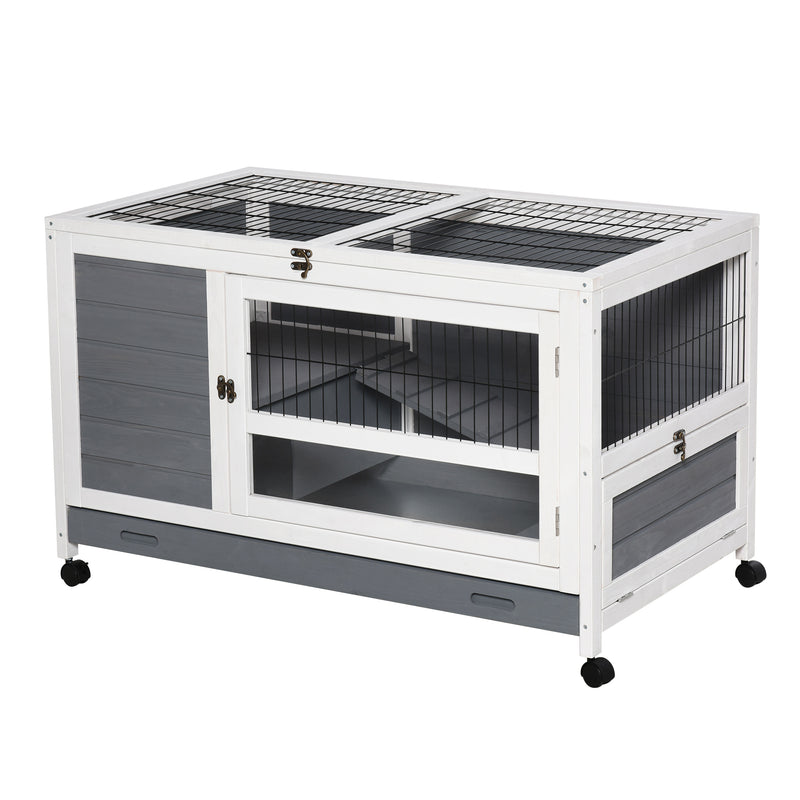 Elevated Wooden Rabbit Hutch with Slide Out Tray for Indoor Use Guinea Pig Cage Grey AOSOM