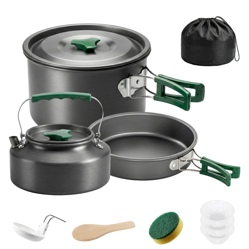 Camping Cookware Set for 2–3 People with Fast Heating and Compact Nesting Design Grey Army Green