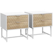 Set of 2 Modern Bedside Tables with Drawers and Metal Frame for Bedroom or Lounge White Oak
