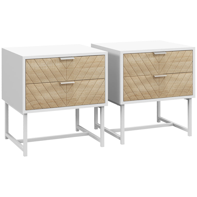 Set of 2 Modern Bedside Tables with Drawers and Metal Frame for Bedroom or Lounge White Oak