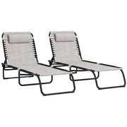 Set of 2 Cream Folding Sun Loungers with Pillow and Adjustable Backrests for Garden or Patio Outsunny