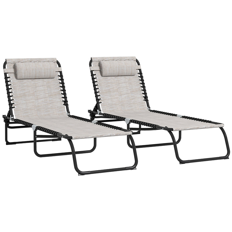 Set of 2 Cream Folding Sun Loungers with Pillow and Adjustable Backrests for Garden or Patio Outsunny