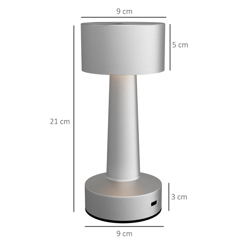 Cordless LED Touch Table Lamp with Rechargeable Battery for Bedroom or Office Use, Silver