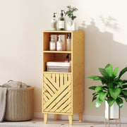Slim Freestanding Bathroom Cabinet With Bamboo Door And Open Shelves For Storage, Natural Wood Finish