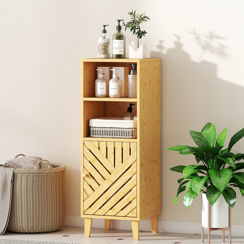 Slim Freestanding Bathroom Cabinet With Bamboo Door And Open Shelves For Storage, Natural Wood Finish