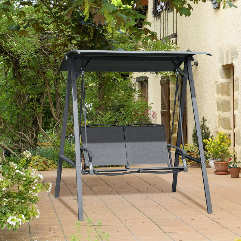2 Seater Garden Swing Chair With Adjustable Canopy Shade And Metal Frame Dark Grey
