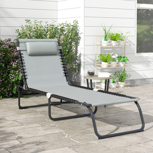 Light Grey Folding Sun Lounger with Four Recline Positions for Garden or Beach Use