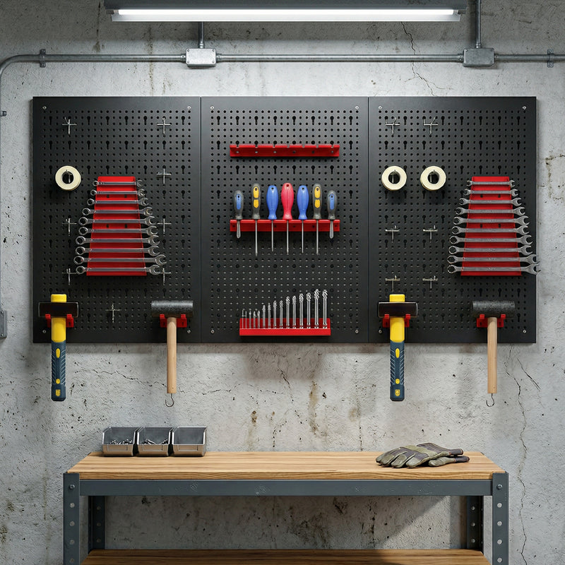 Steel Wall-Mounted Pegboard Tool Organiser Set for Garage or Shed Storage Black Red Homcom