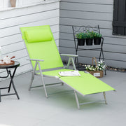 Green Folding Sun Lounger with Pillow and 7 Position Backrest for Garden and Patio Relaxing