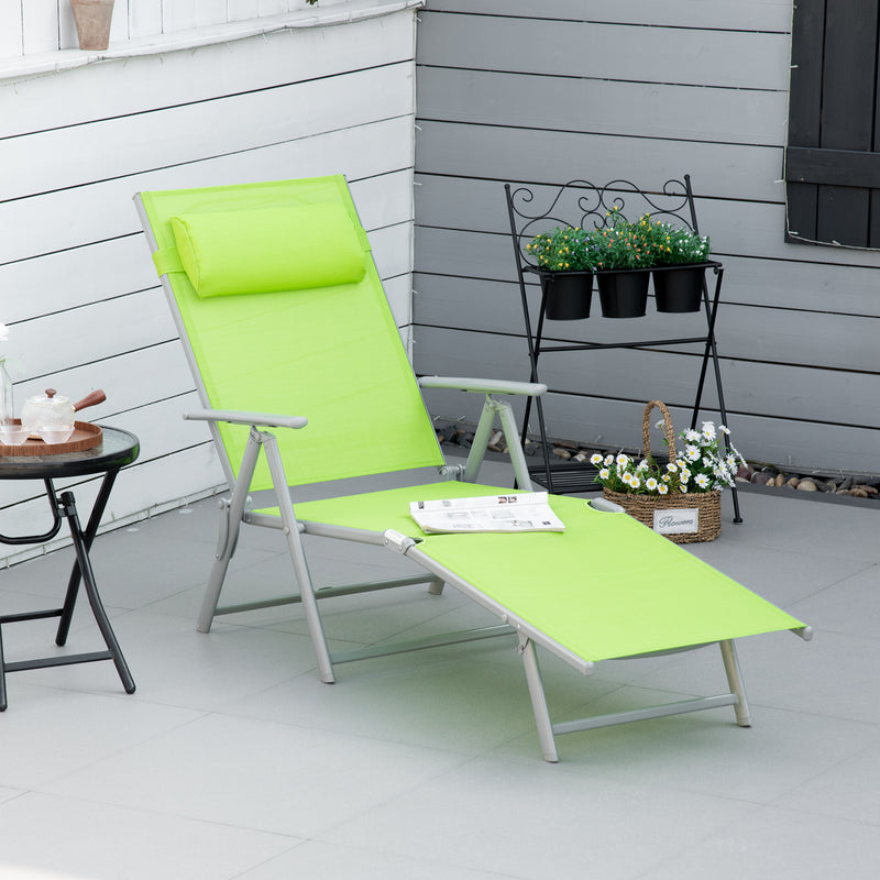 Green Folding Sun Lounger with Pillow and 7 Position Backrest for Garden and Patio Relaxing