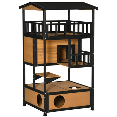 3 Tier Wooden Outdoor Cat House With Terrace And Elevated Base For Winter Shelter, Yellow