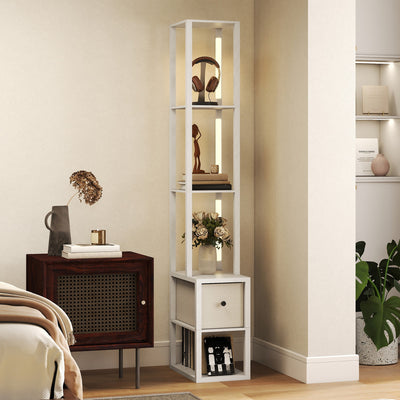Modern LED Floor Lamp With Storage Shelves And Fabric Drawer For Living Room, White