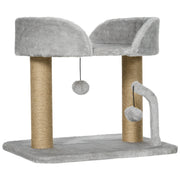 Pawhut grey indoor cat tree with jute posts and pom-pom toys, studio view