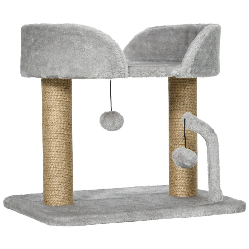 Pawhut grey indoor cat tree with jute posts and pom-pom toys, studio view