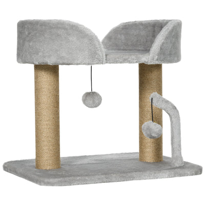 Pawhut grey indoor cat tree with jute posts and pom-pom toys, studio view