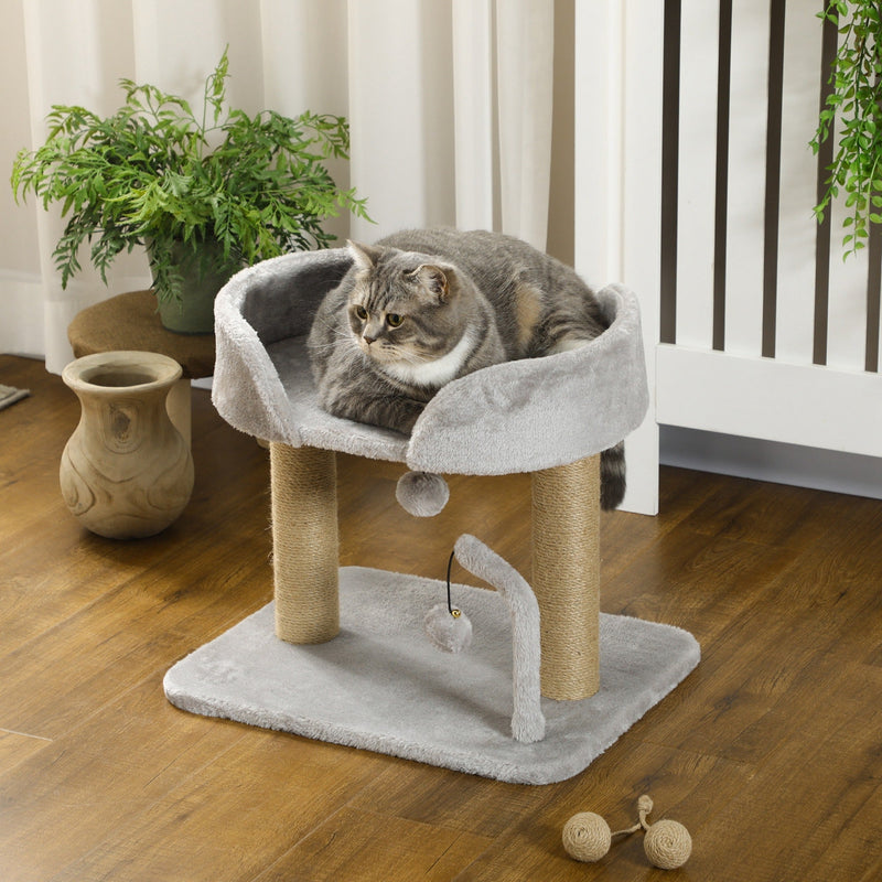 Tabby cat curled up on the cat tree platform near a window