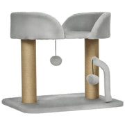 Angled view of the grey cat tree showing both jute scratching posts