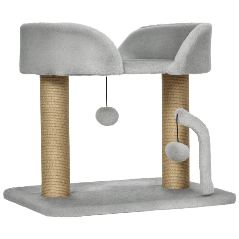 Angled view of the grey cat tree showing both jute scratching posts