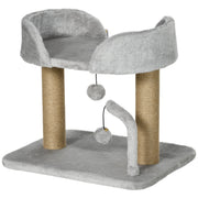 Three-quarter view of the cat tree showing the hanging pom-pom toys