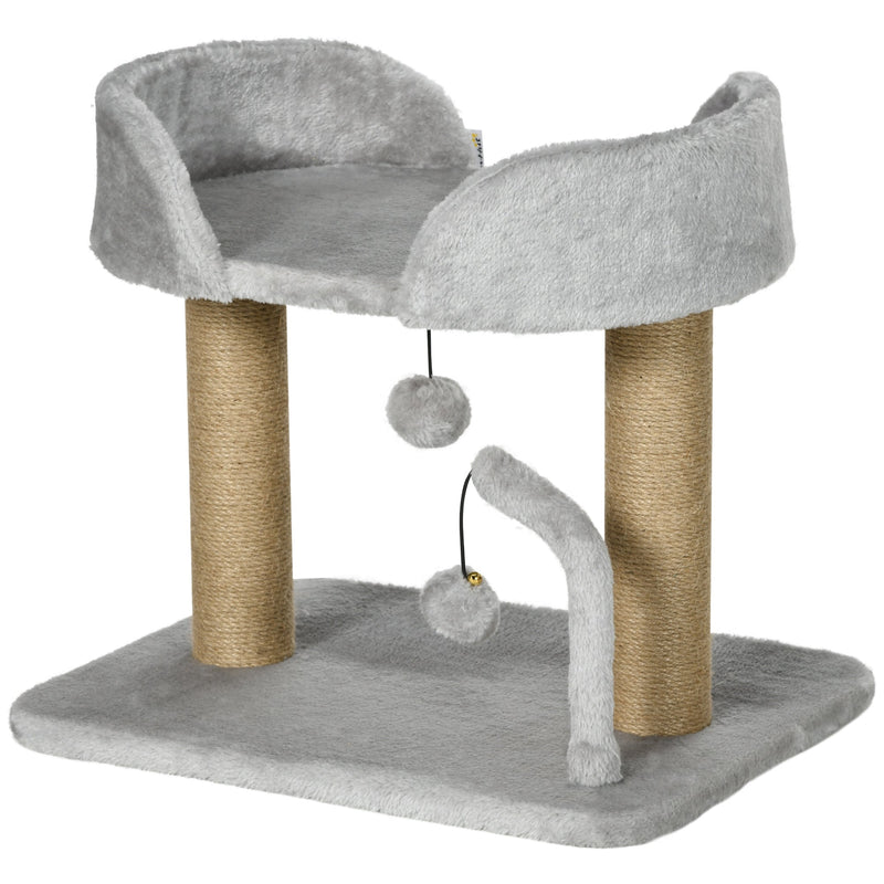 Three-quarter view of the cat tree showing the hanging pom-pom toys