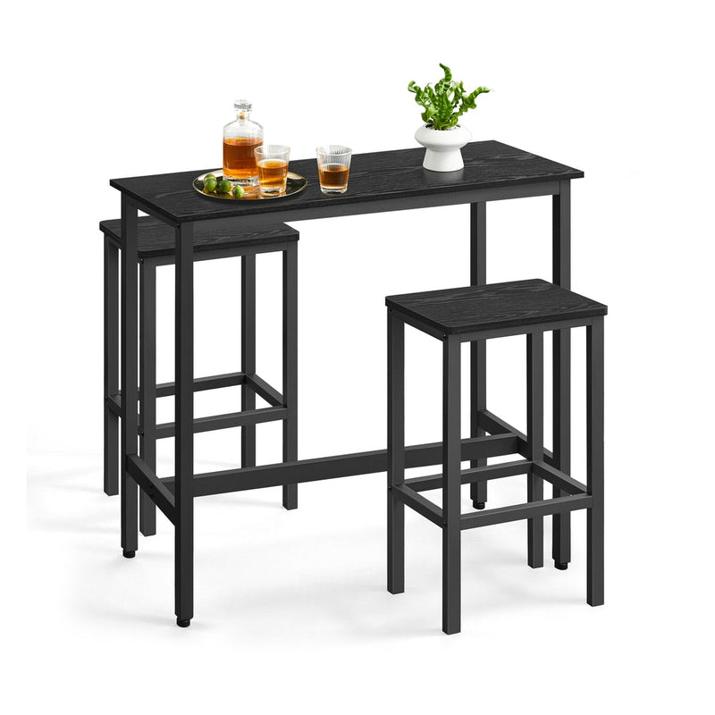 Vasagle industrial bar table with two backless stools in ebony black and ink black, studio shot