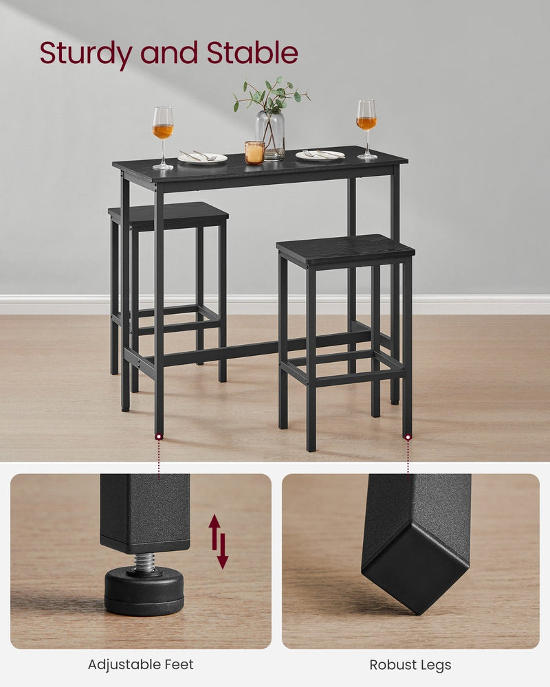 Close-up of the bar table's adjustable feet and robust corner-braced steel legs