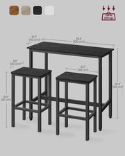 Dimension diagram of the Vasagle bar table and two stools showing table and seat measurements