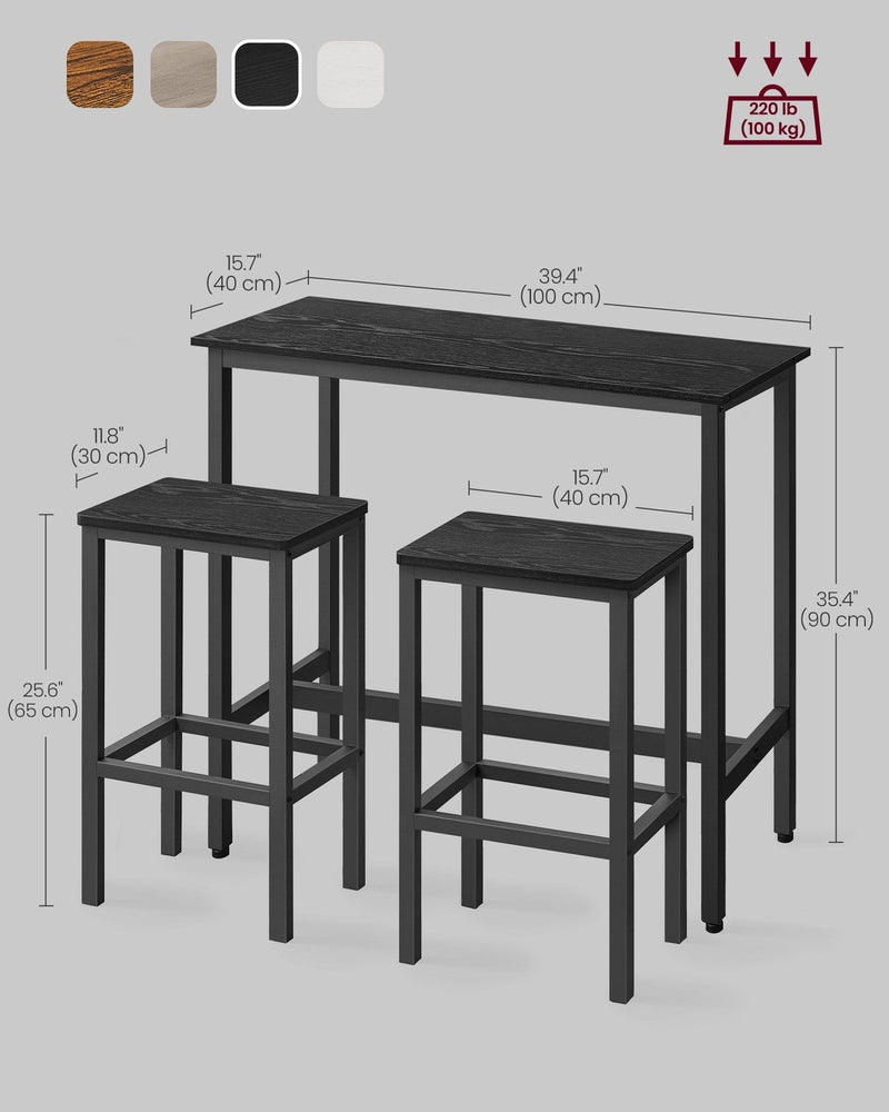Dimension diagram of the Vasagle bar table and two stools showing table and seat measurements