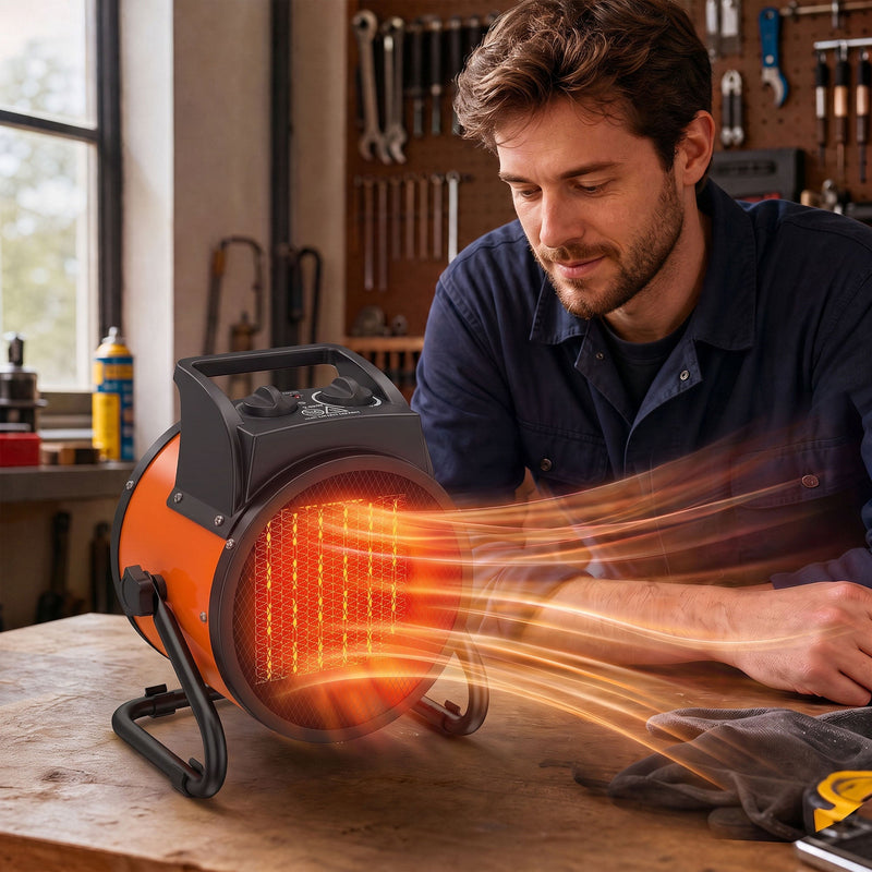 Industrial fan heater warming a home workshop bench