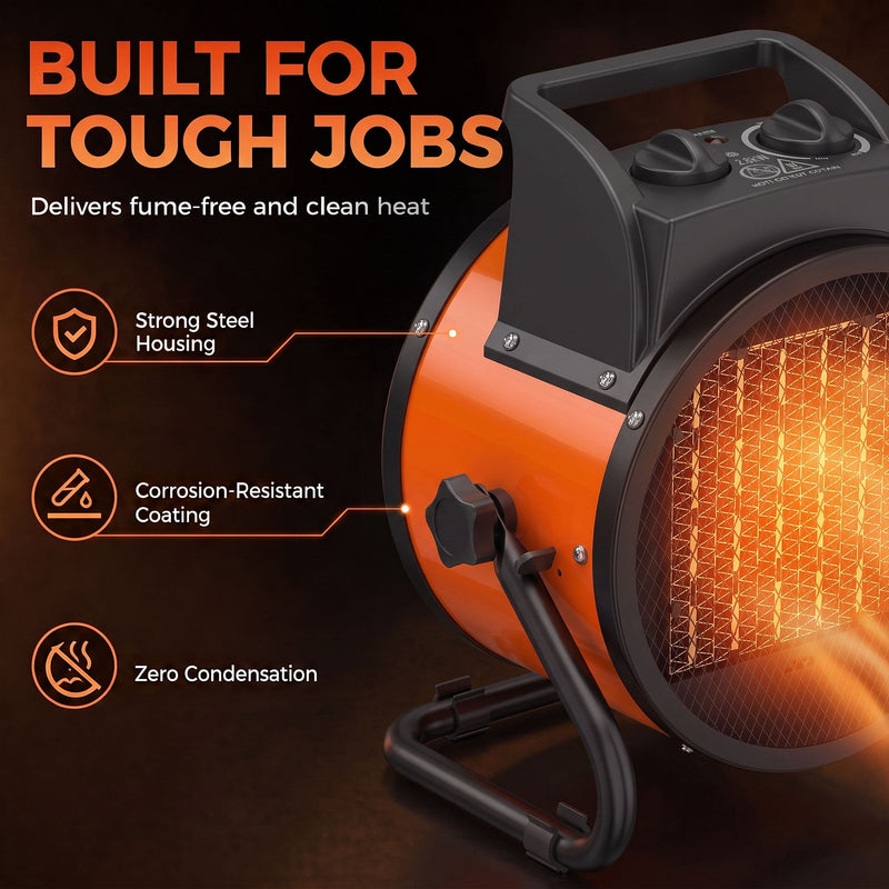 Industrial fan heater in use in a home workshop with tools in the background