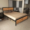 Homcom industrial double bed frame in rustic brown with black steel frame in a bedroom setting