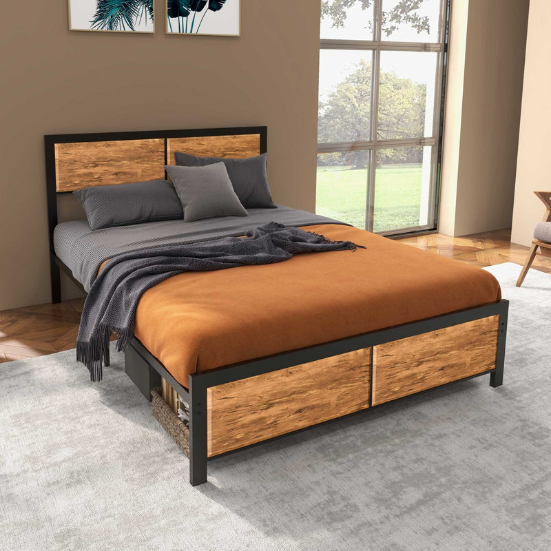 Industrial double bed frame styled with grey bedding and an orange throw blanket