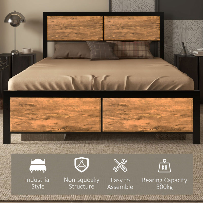 Bed frame feature graphic showing industrial style, non-squeaky structure, easy assembly and 300kg capacity