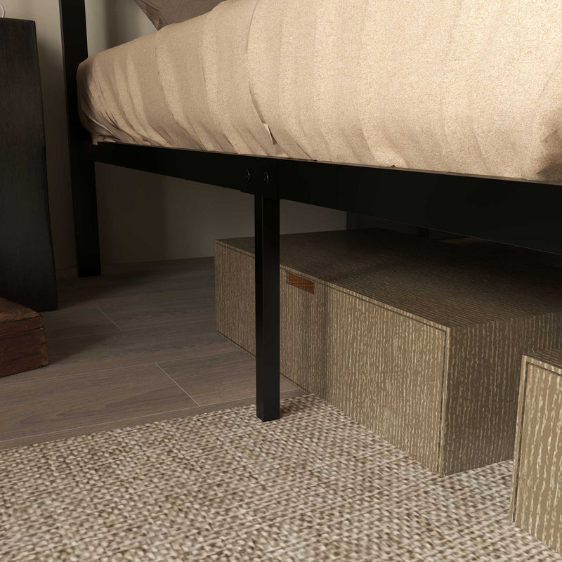 Close-up of storage boxes fitting under the bed frame
