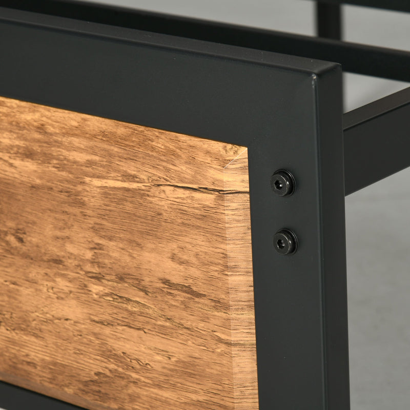 Close-up of the bed frame's corner joint and steel bolts