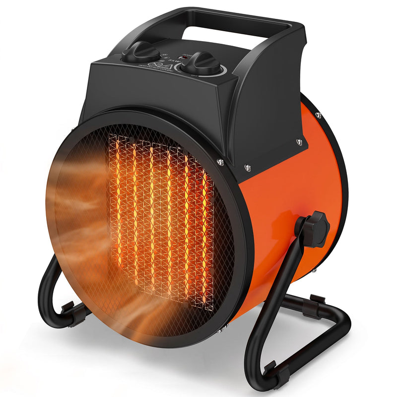 Outsunny industrial orange PTC ceramic fan heater, front three-quarter studio view showing the round protective grille