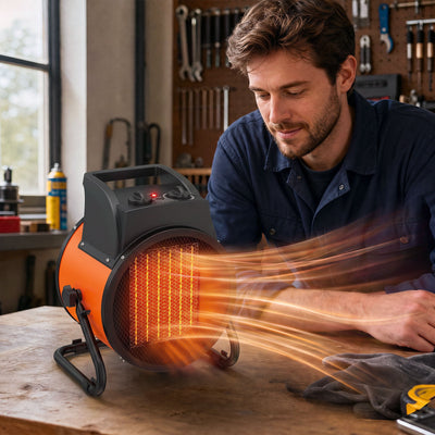 Man warming his hands at a workbench in front of the glowing orange industrial fan heater