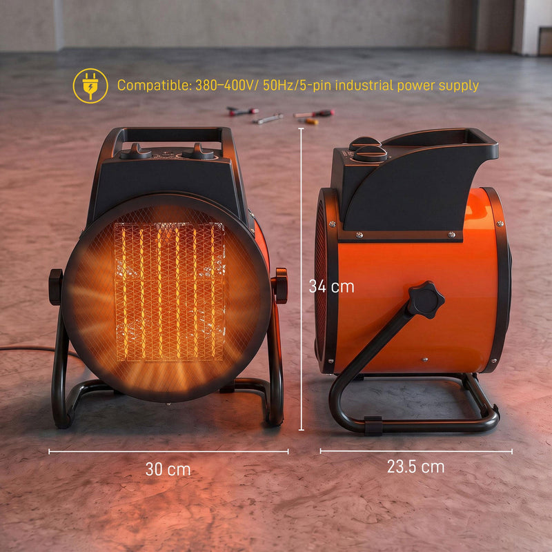 Industrial fan heater dimensions diagram, 34 cm high, 30 cm wide, 23.5 cm deep, showing the 380-400V industrial plug