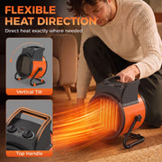 Man kneeling to adjust the heater's vertical tilt, with close-ups of the tilt mechanism and top carry handle